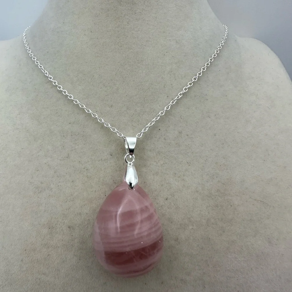 Madagascar Rose Quartz Teardrop Pendant Necklace on Silver Plated Box Chain